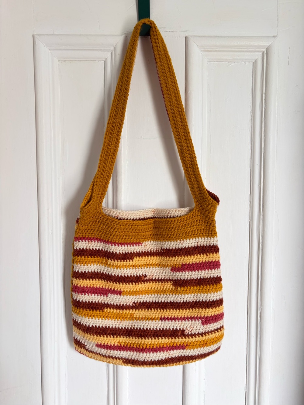 Handmade Striped Crochet Shoulder Bag in Mustard, Cream & Rust